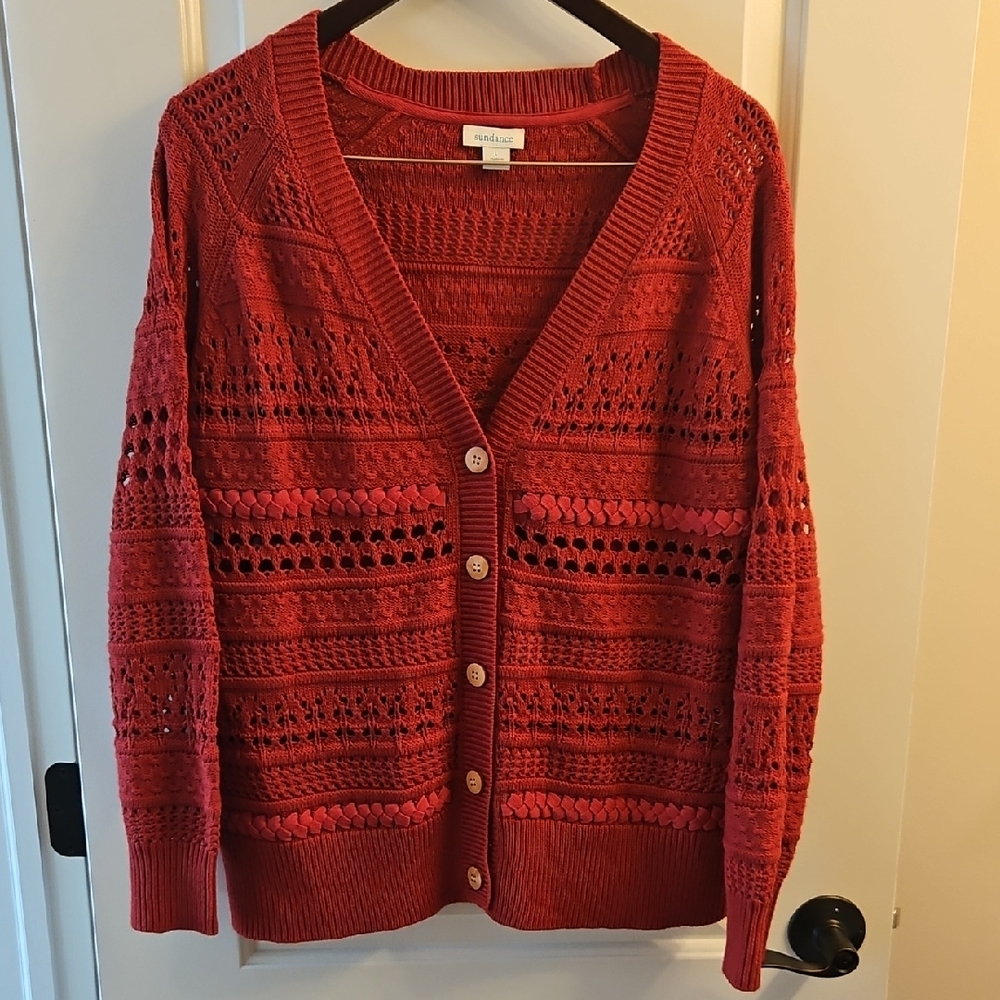 Sundance Red Open Knit  Crochet Cardigan, L, Lightweight, Transitional, Summer - Picture 2 of 9